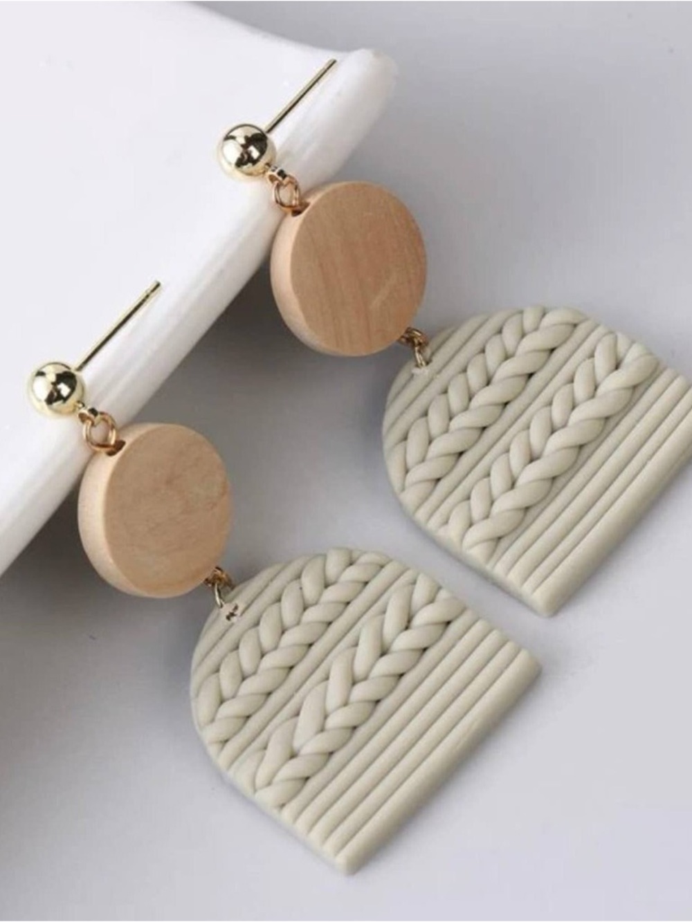 Handcrafted Beige Braided Arc Drop Earrings